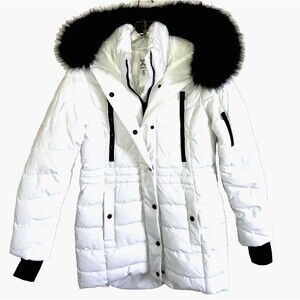XERSION sz S White Puffer Jacket Coat Black Faux Fur Trim Hoodie Thumb Holes Y2K